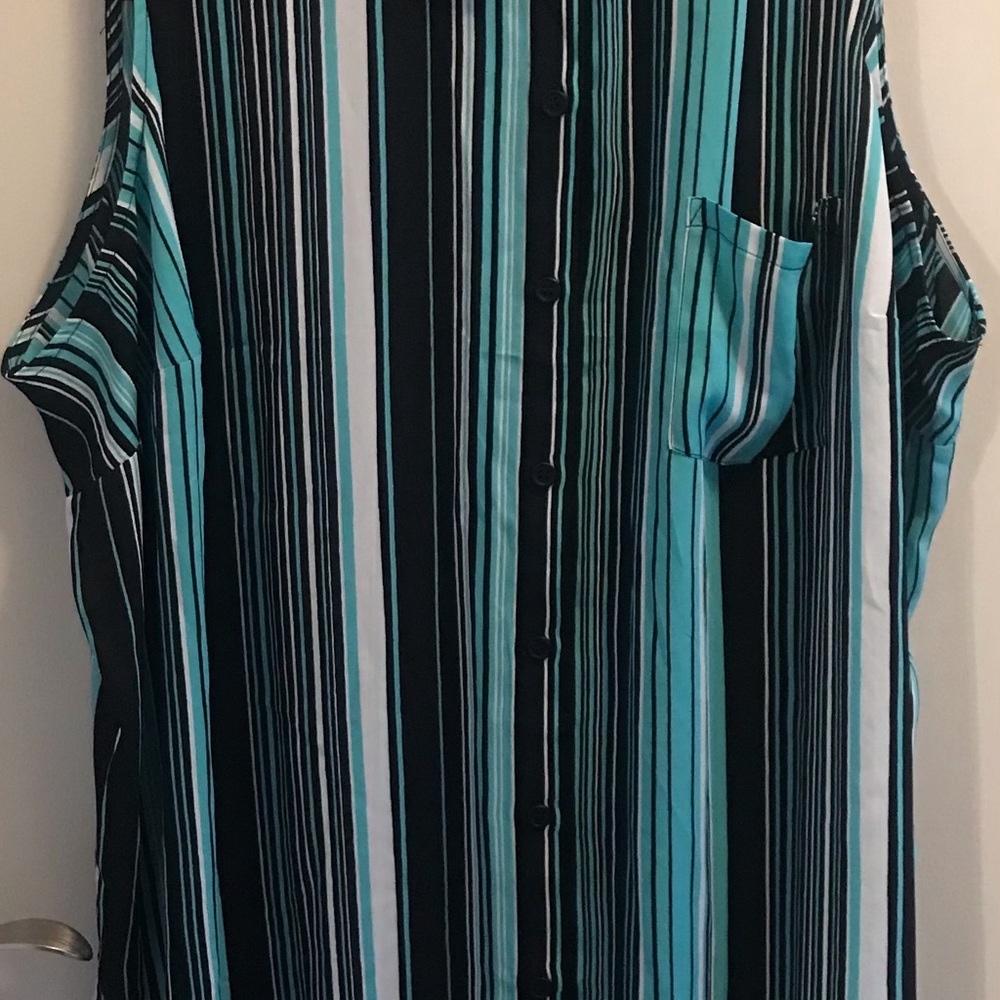 Catherines Plus Size 3XWP 26/28W Turquoise Blue Black White Stripes Buttons